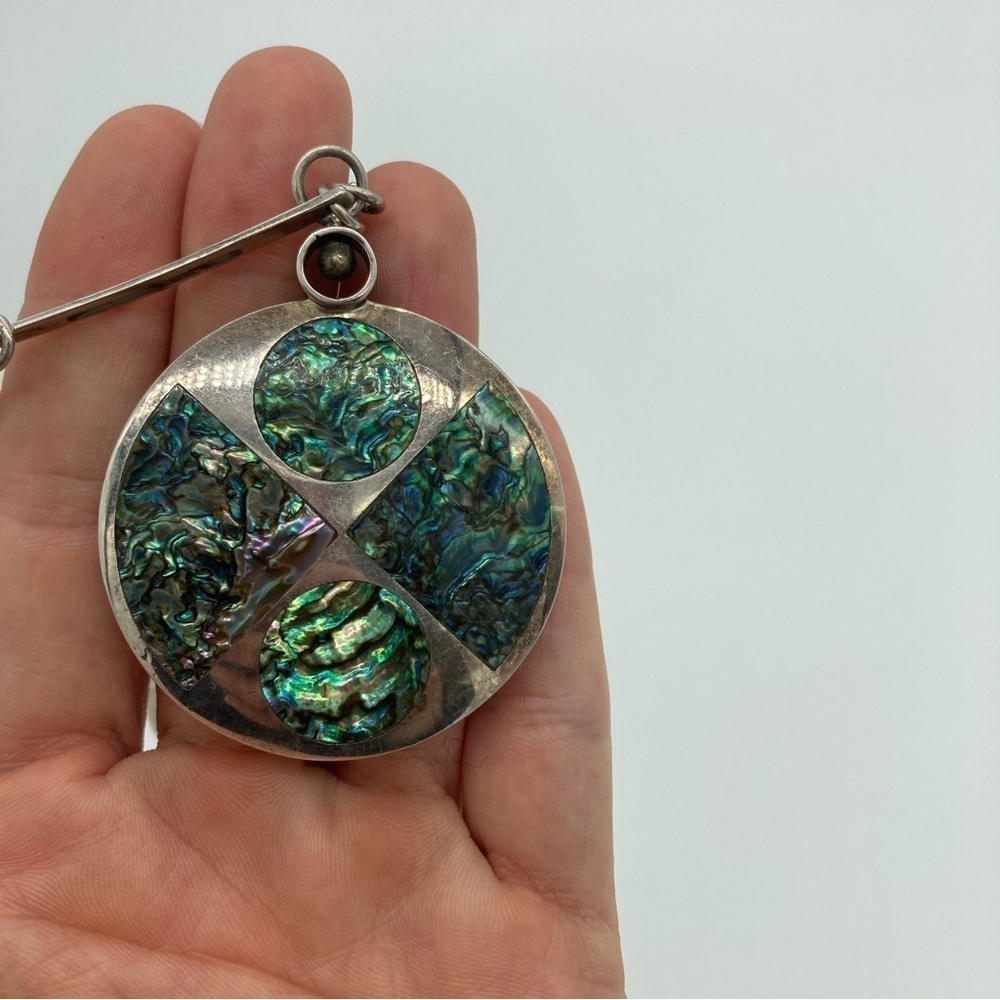 Vintage Abalone Shell and Sterling Silver 2 sided Pendant Necklace - Picture 6 of 11